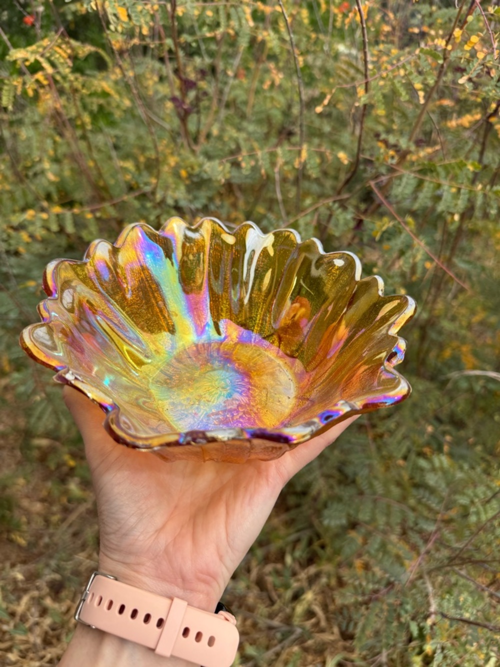Vintage Indiana Amber Carnival Glass Marigold Sunflower Candy Bowl.